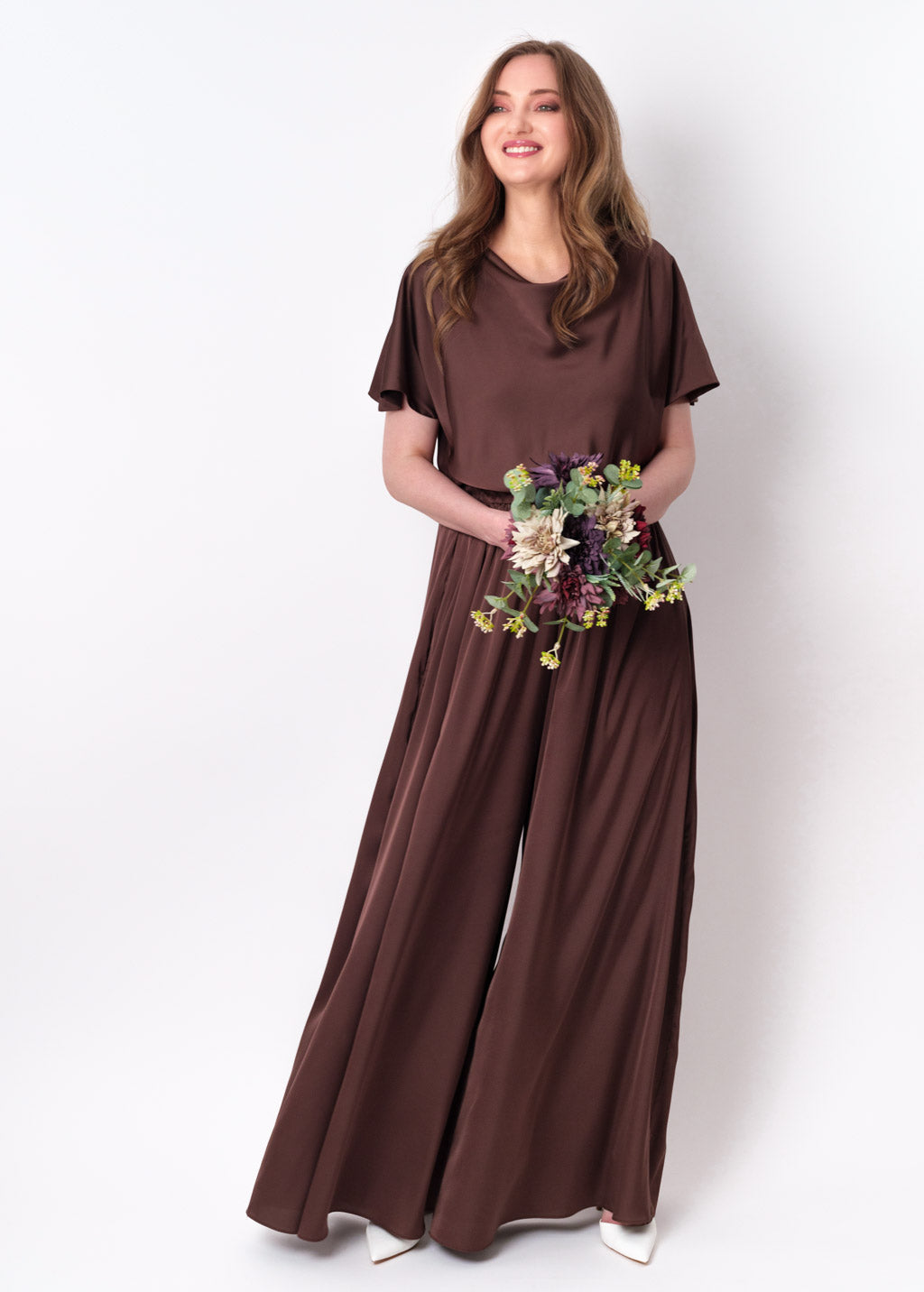 Choсolate brown silk jumpsuit