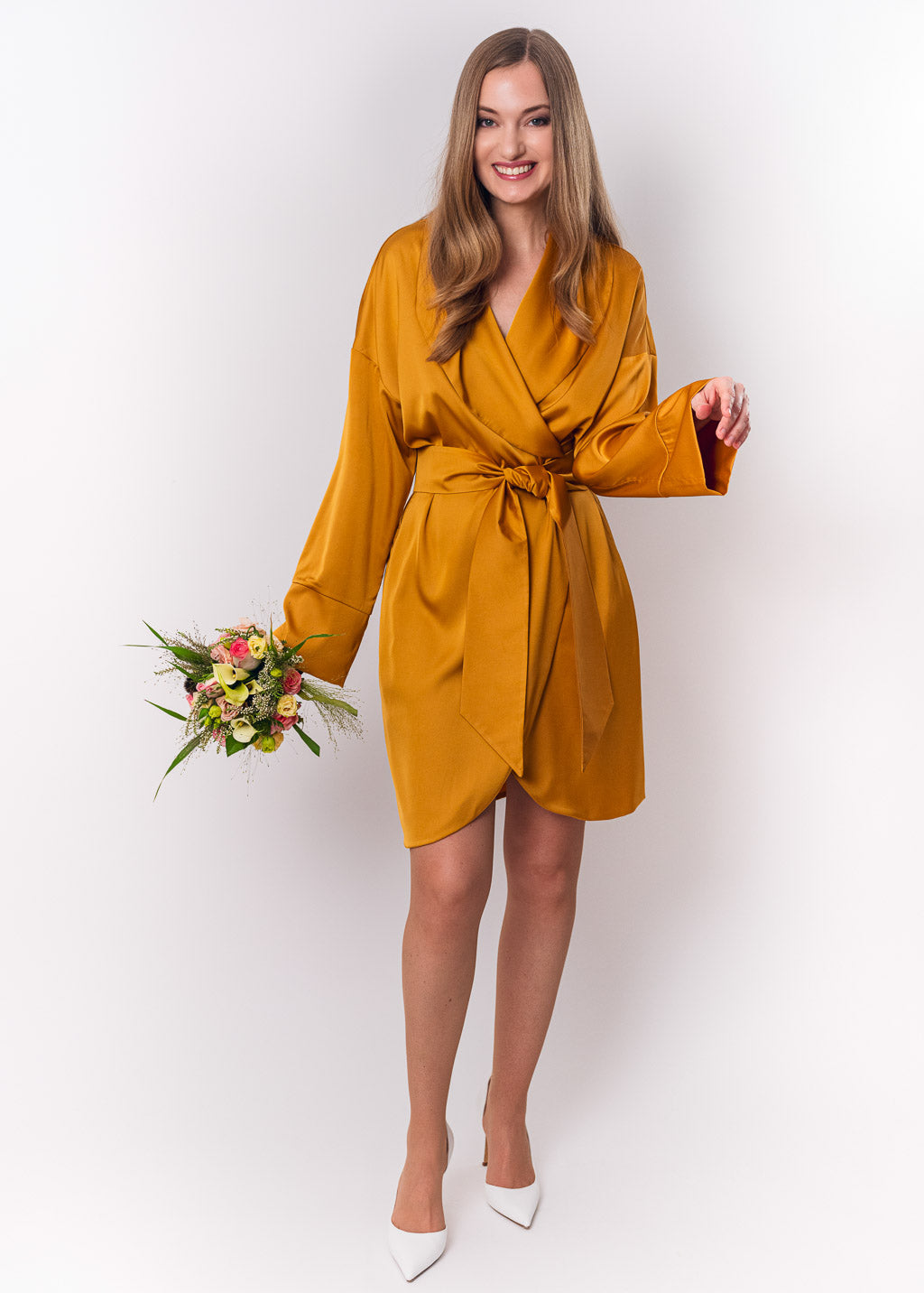 Gold silk robe with pockets