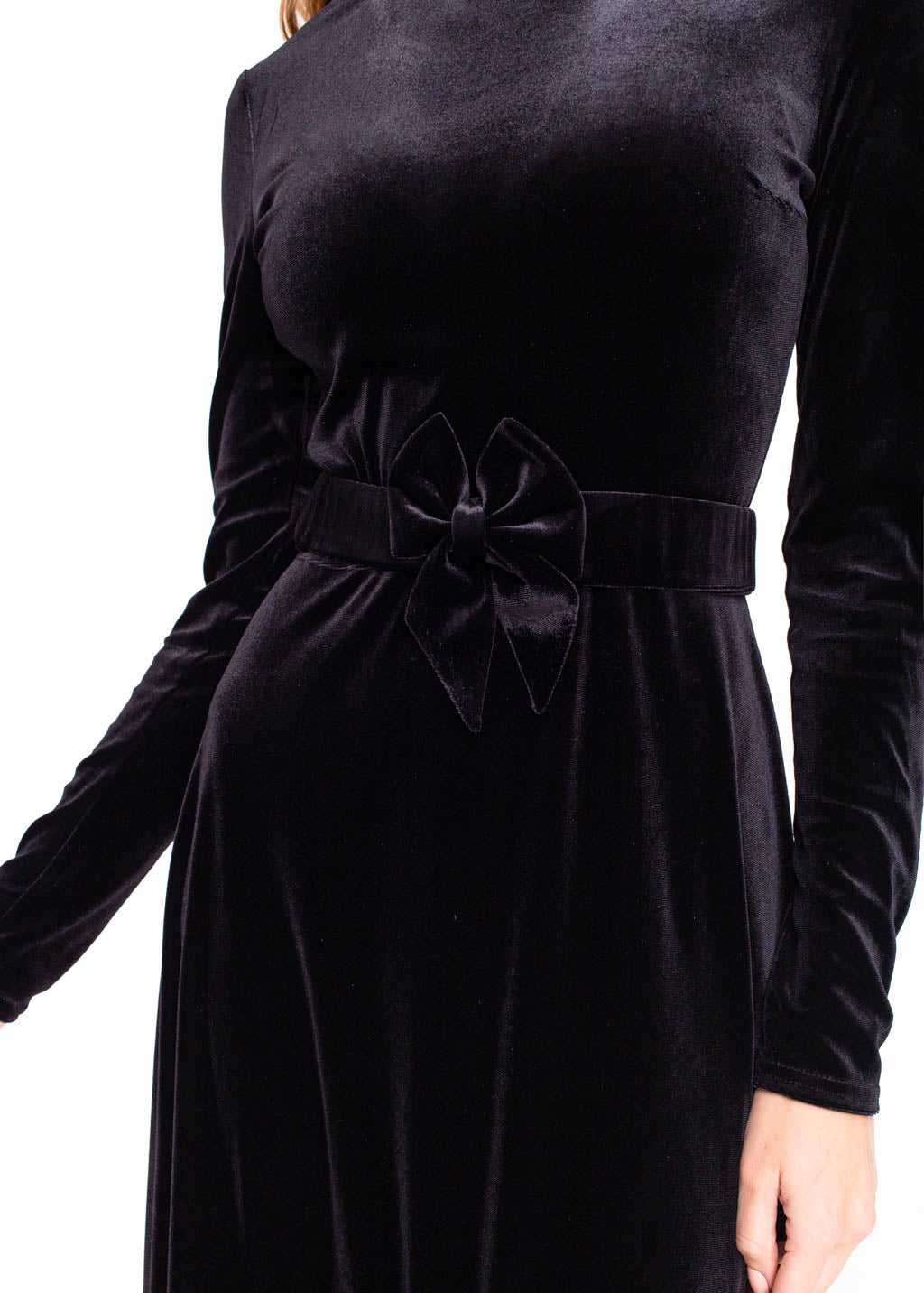 Black velvet long dress with belt
