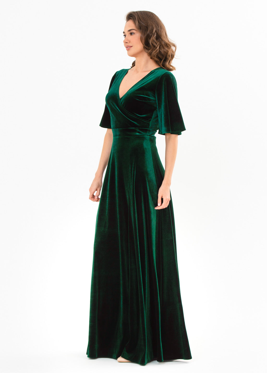 Emerald green velvet wrap slit dress