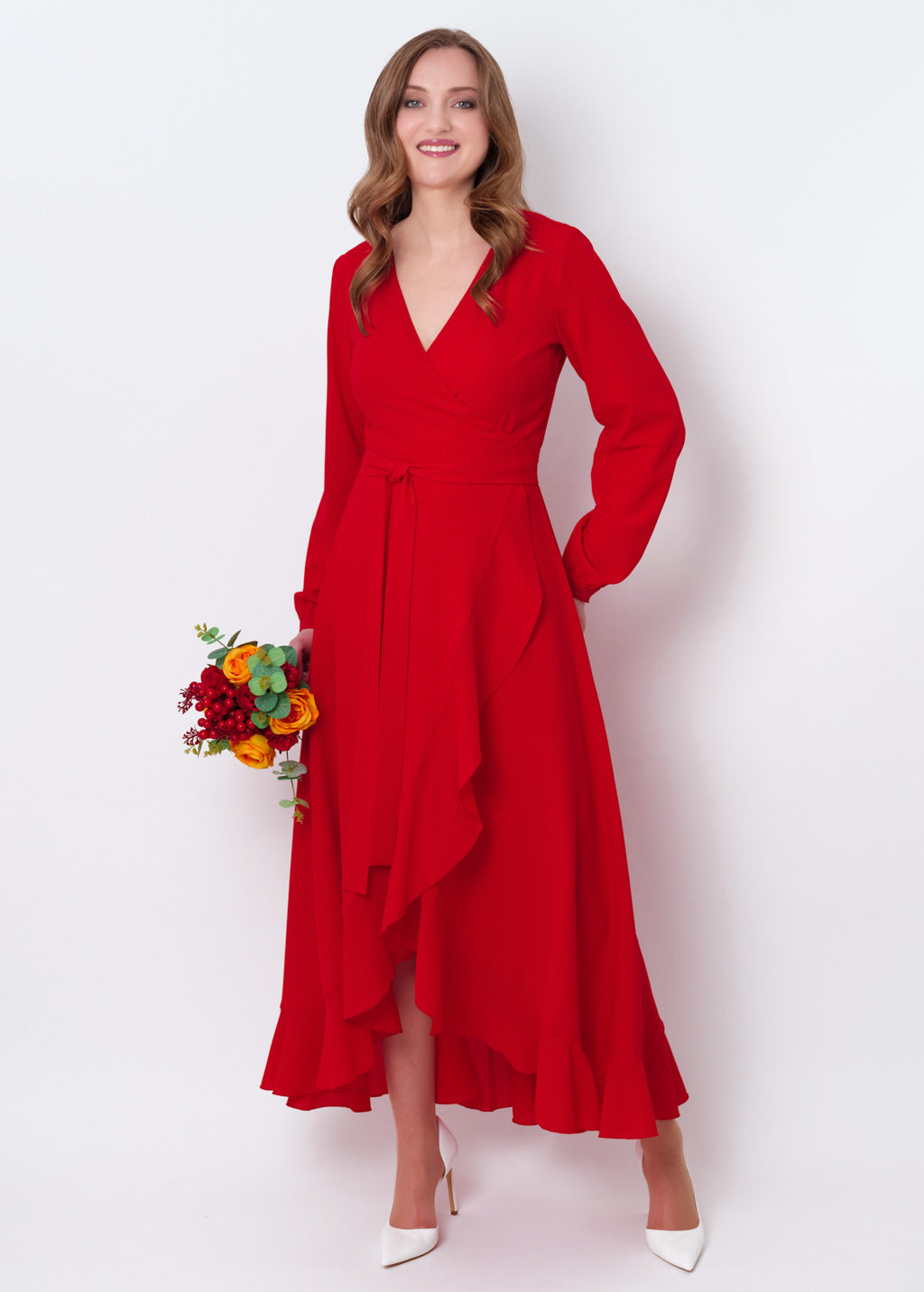 Red chiffon wrap dress