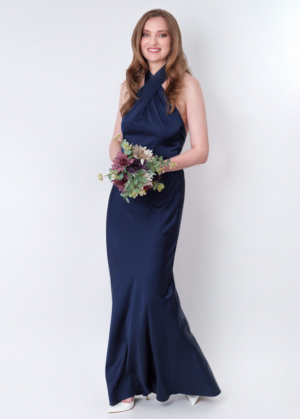 Navy blue silk long halter dress