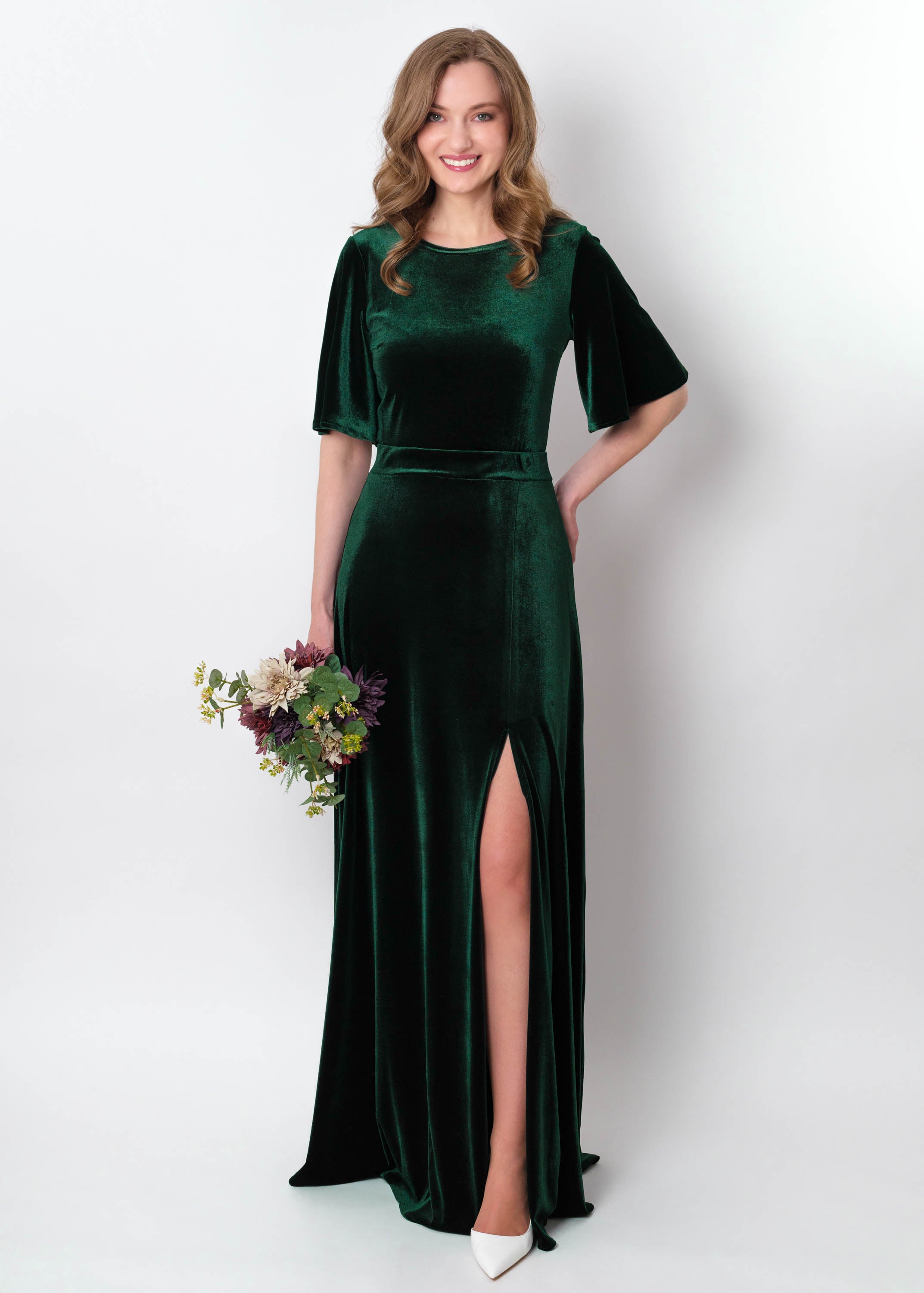 Emerald green velvet long slit dress