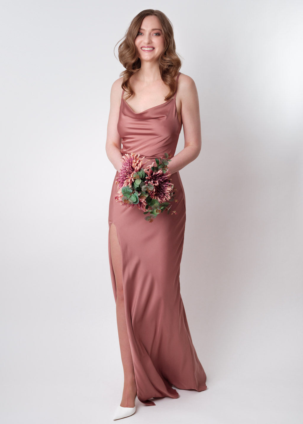 Champagne rose silk slip slit dress