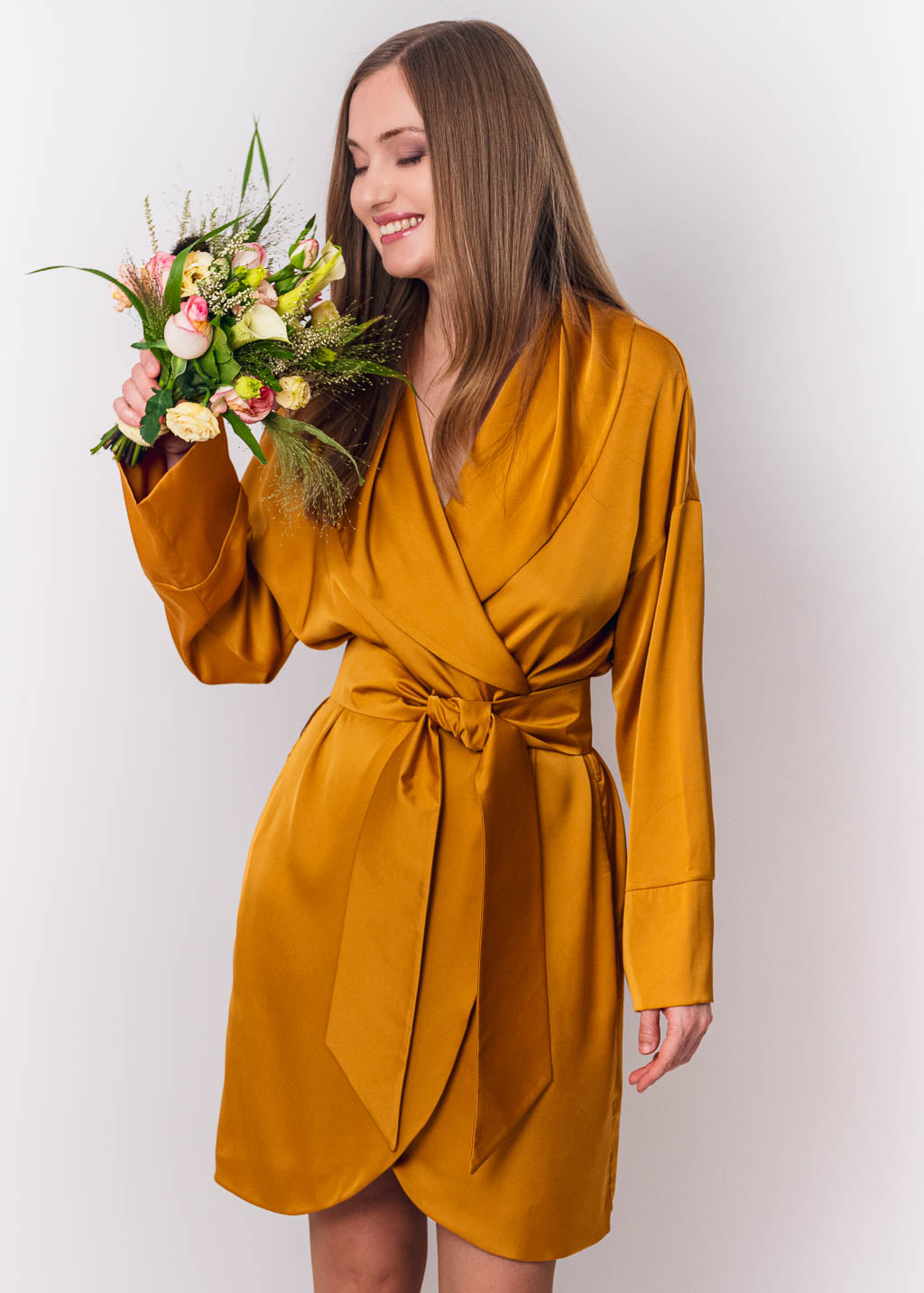 Gold silk robe with pockets