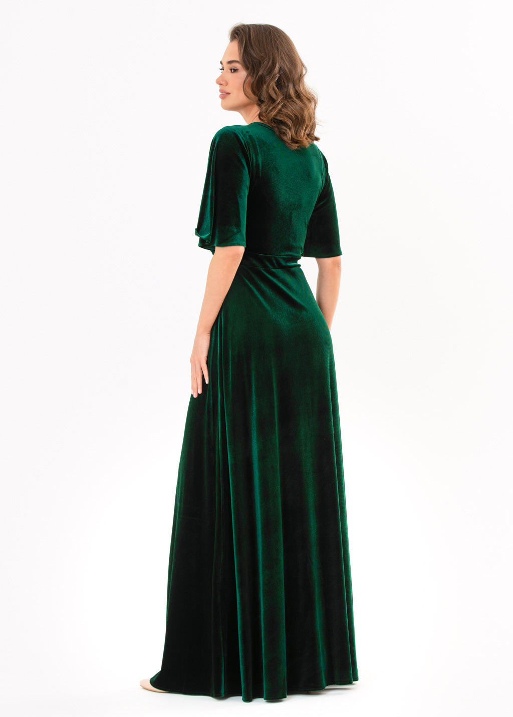 Emerald green velvet wrap slit dress