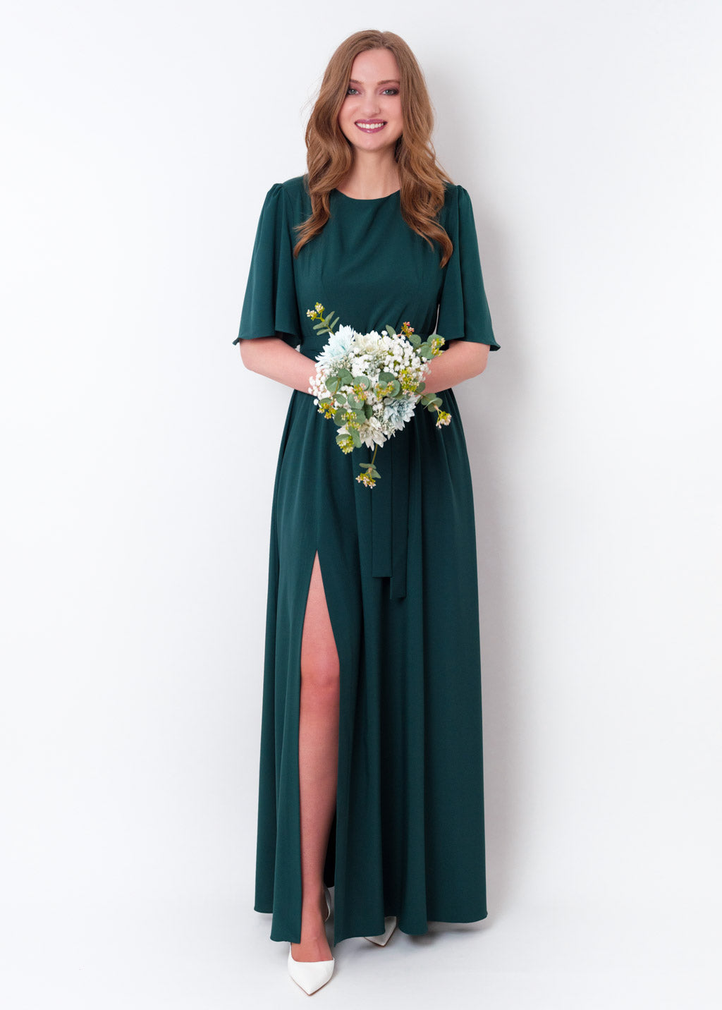 Dark Green long slit dress with belt