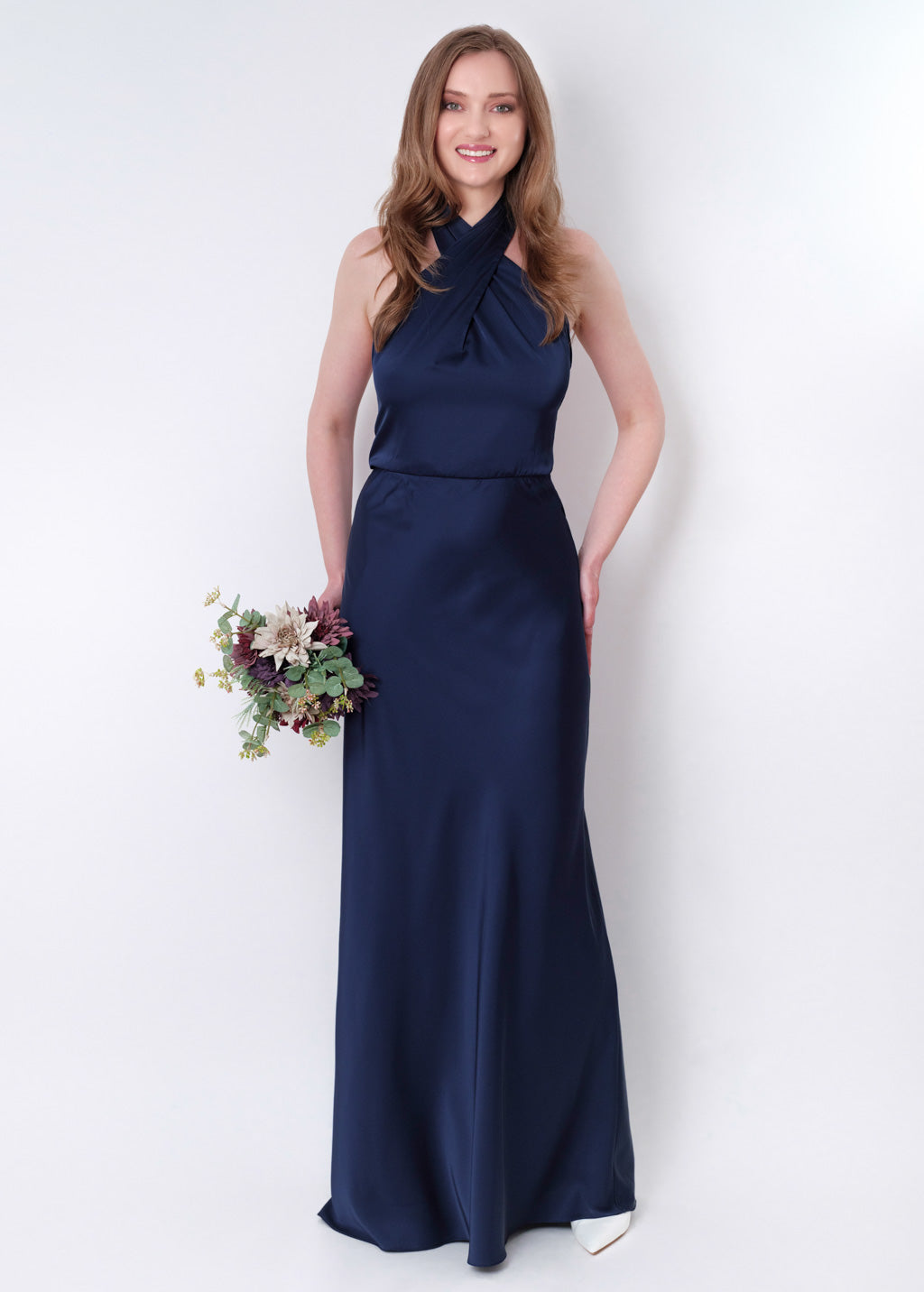 Navy blue silk long halter dress
