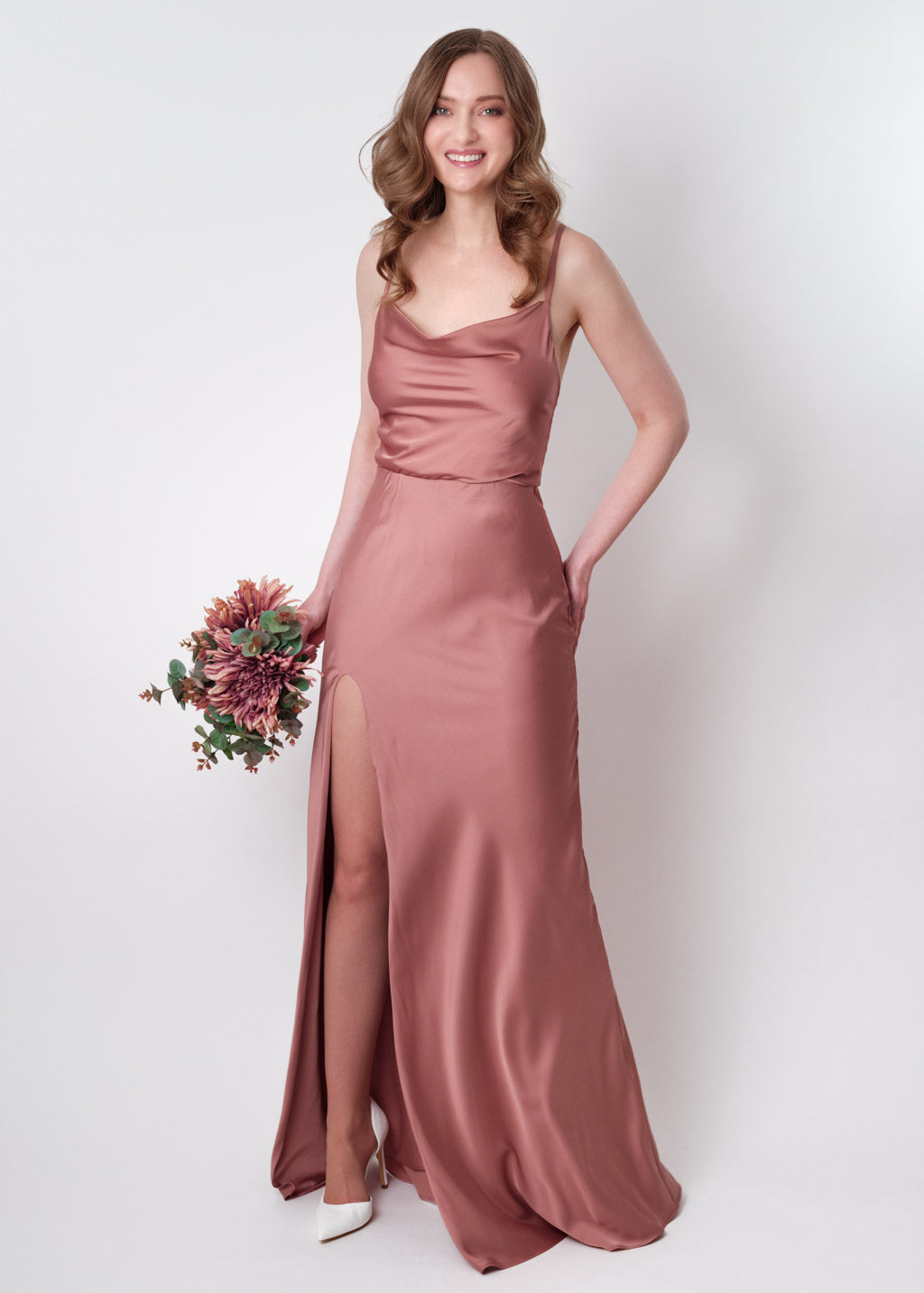 Champagne rose silk slip slit dress
