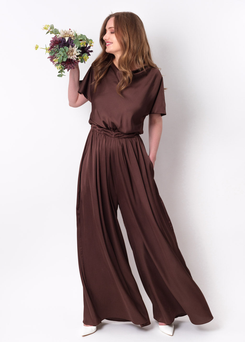 Choсolate brown silk jumpsuit