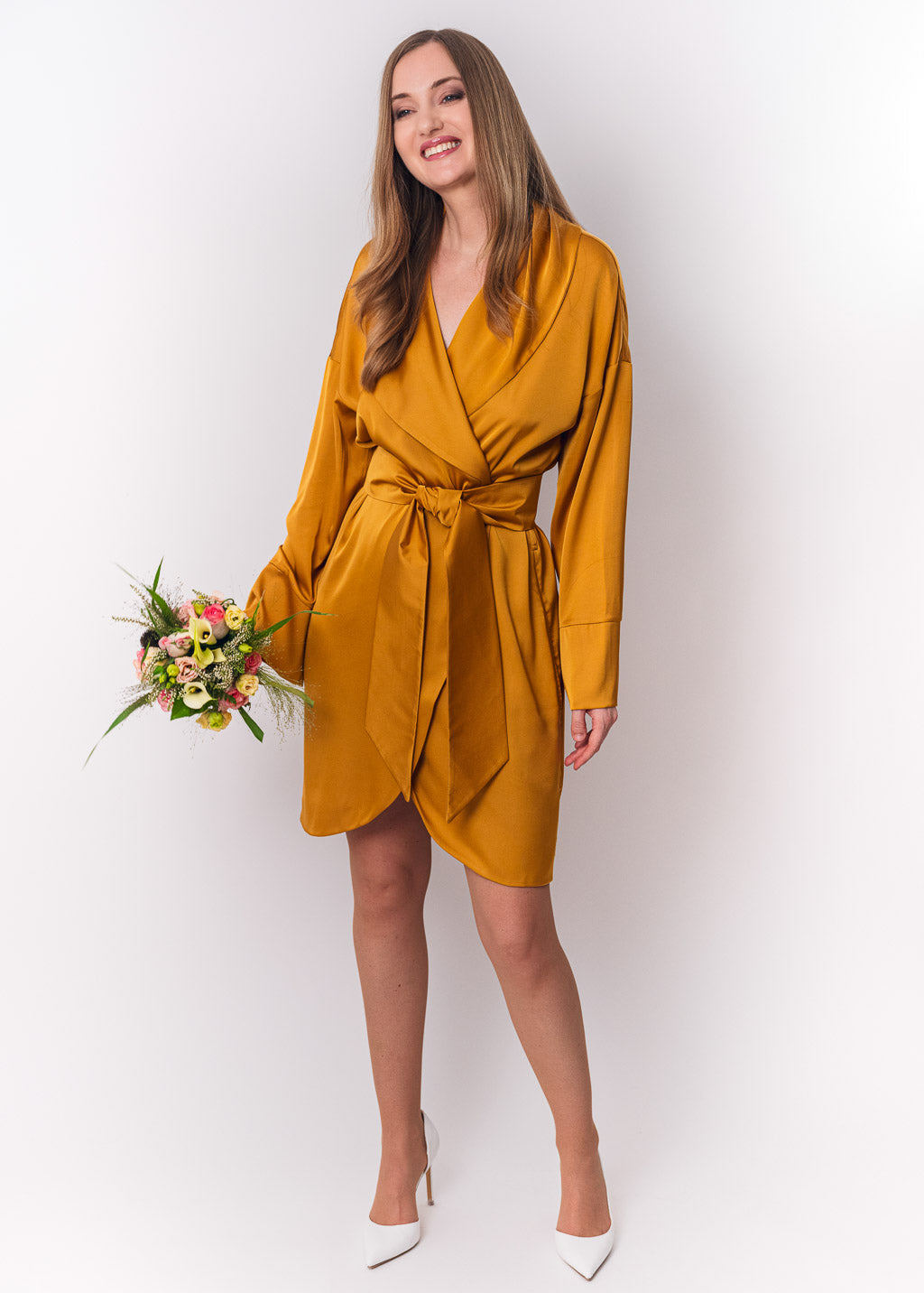 Gold silk robe with pockets