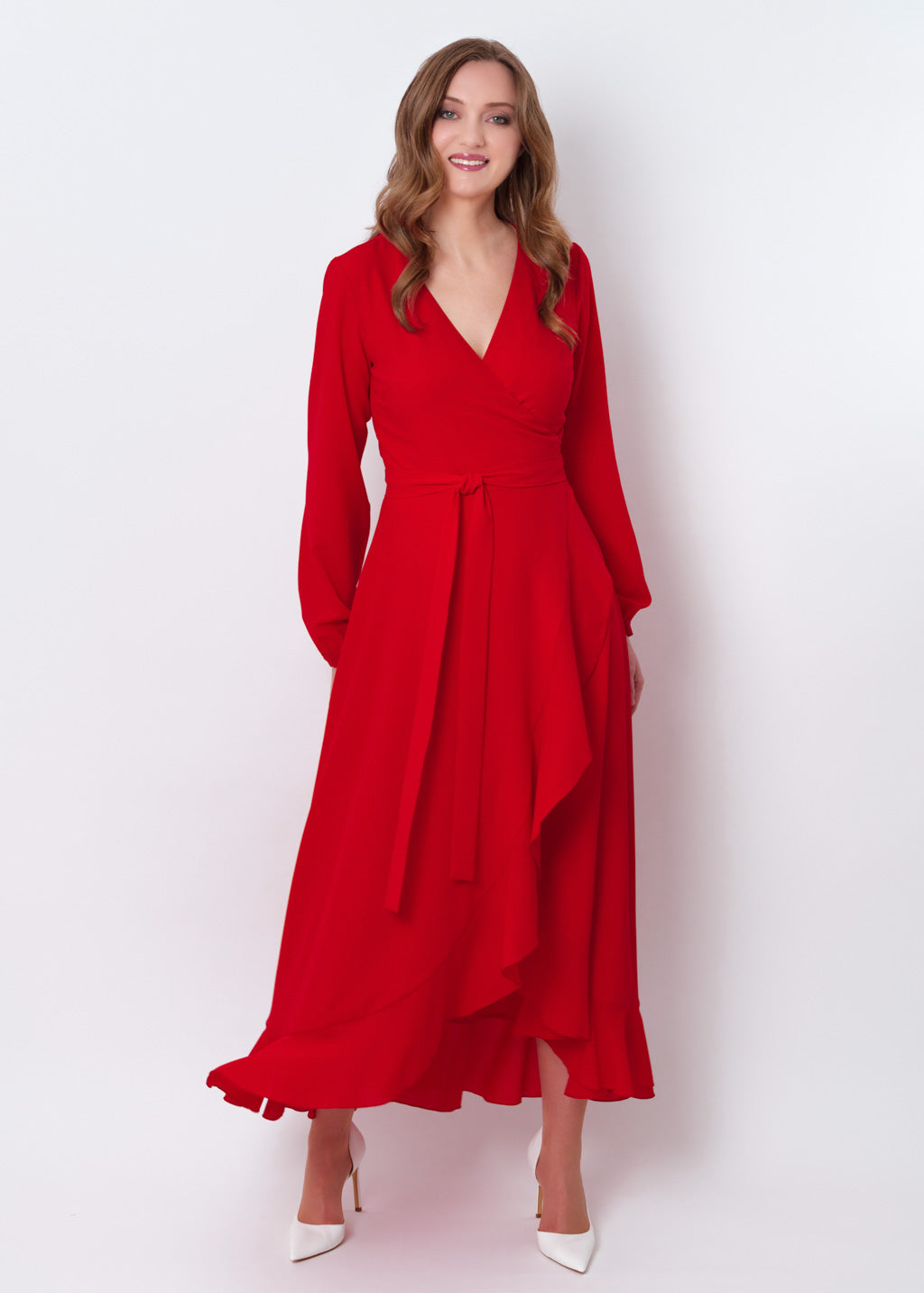 Red chiffon wrap dress