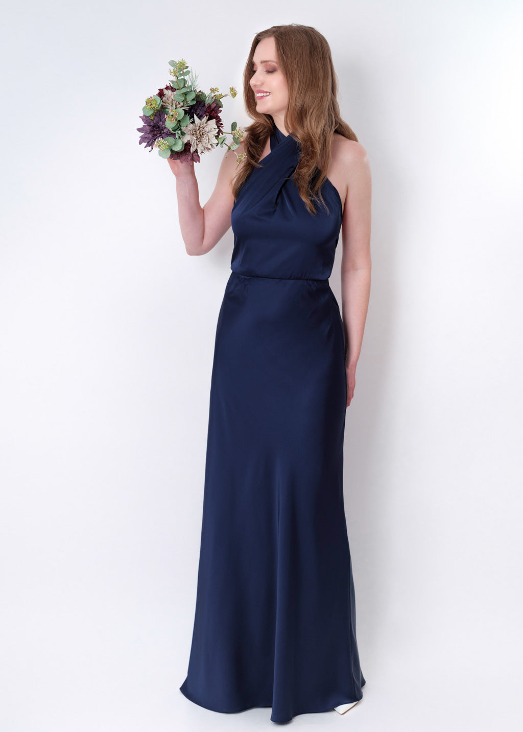 Navy blue silk long halter dress