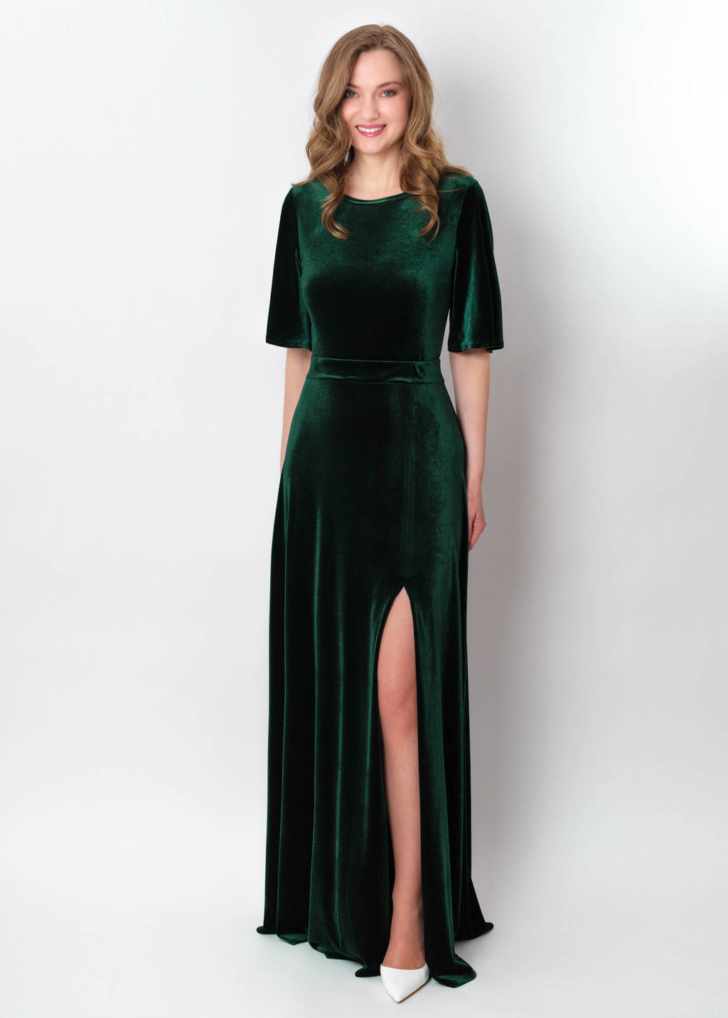 Emerald green velvet long slit dress