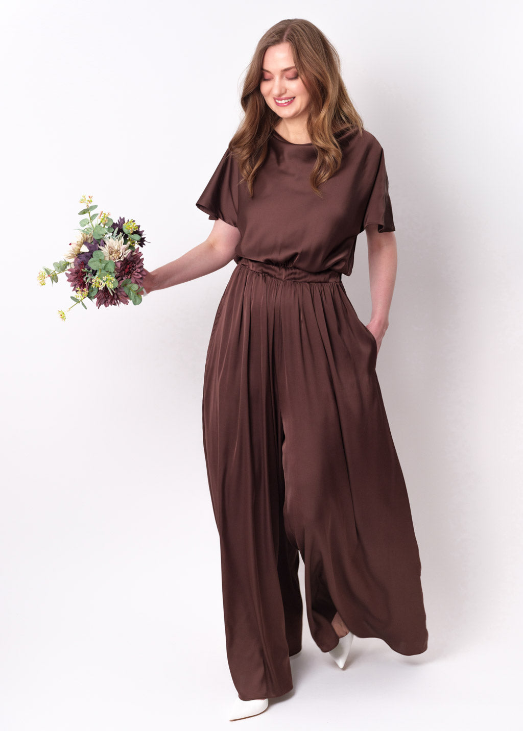 Choсolate brown silk jumpsuit
