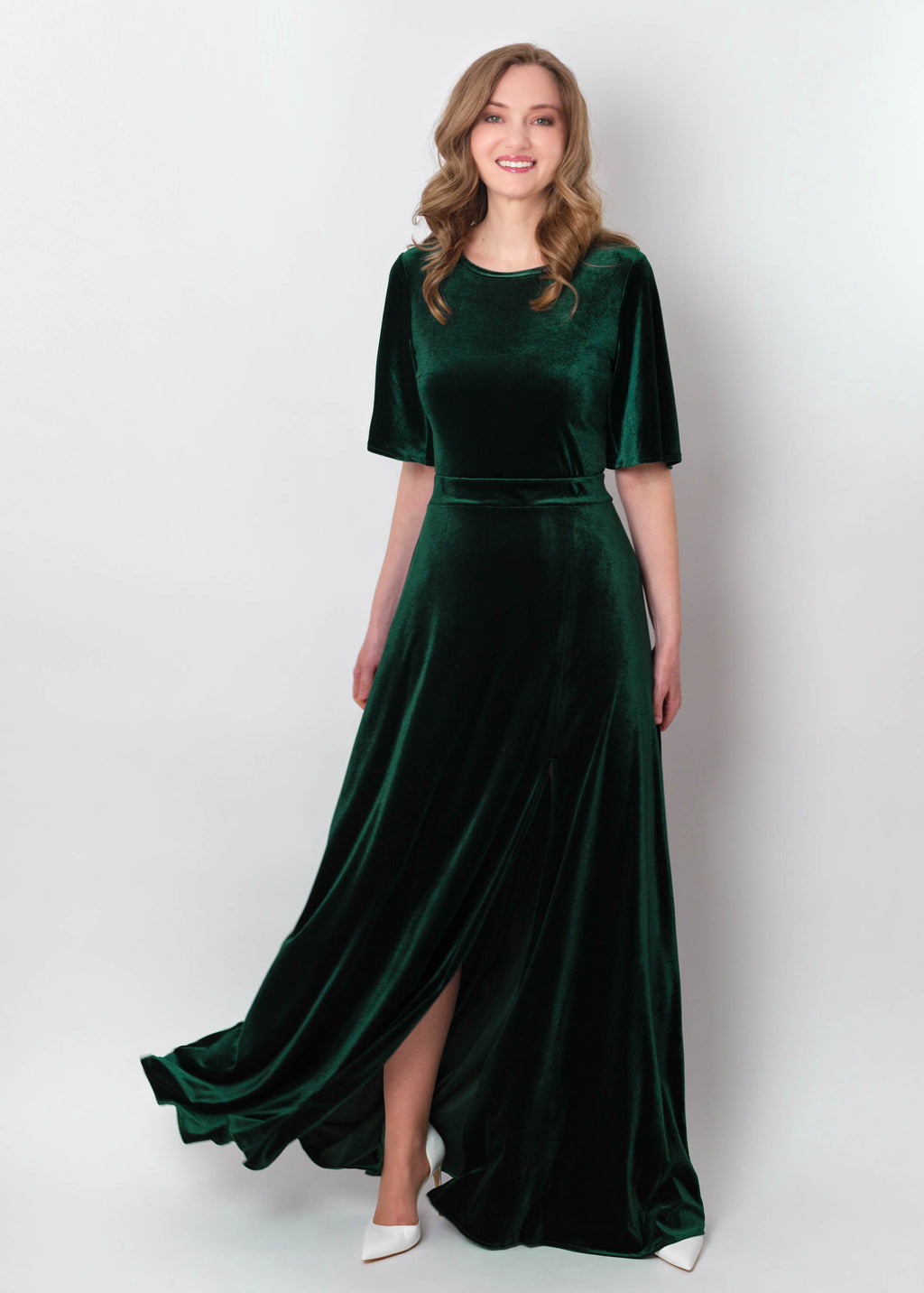 Emerald green velvet long slit dress