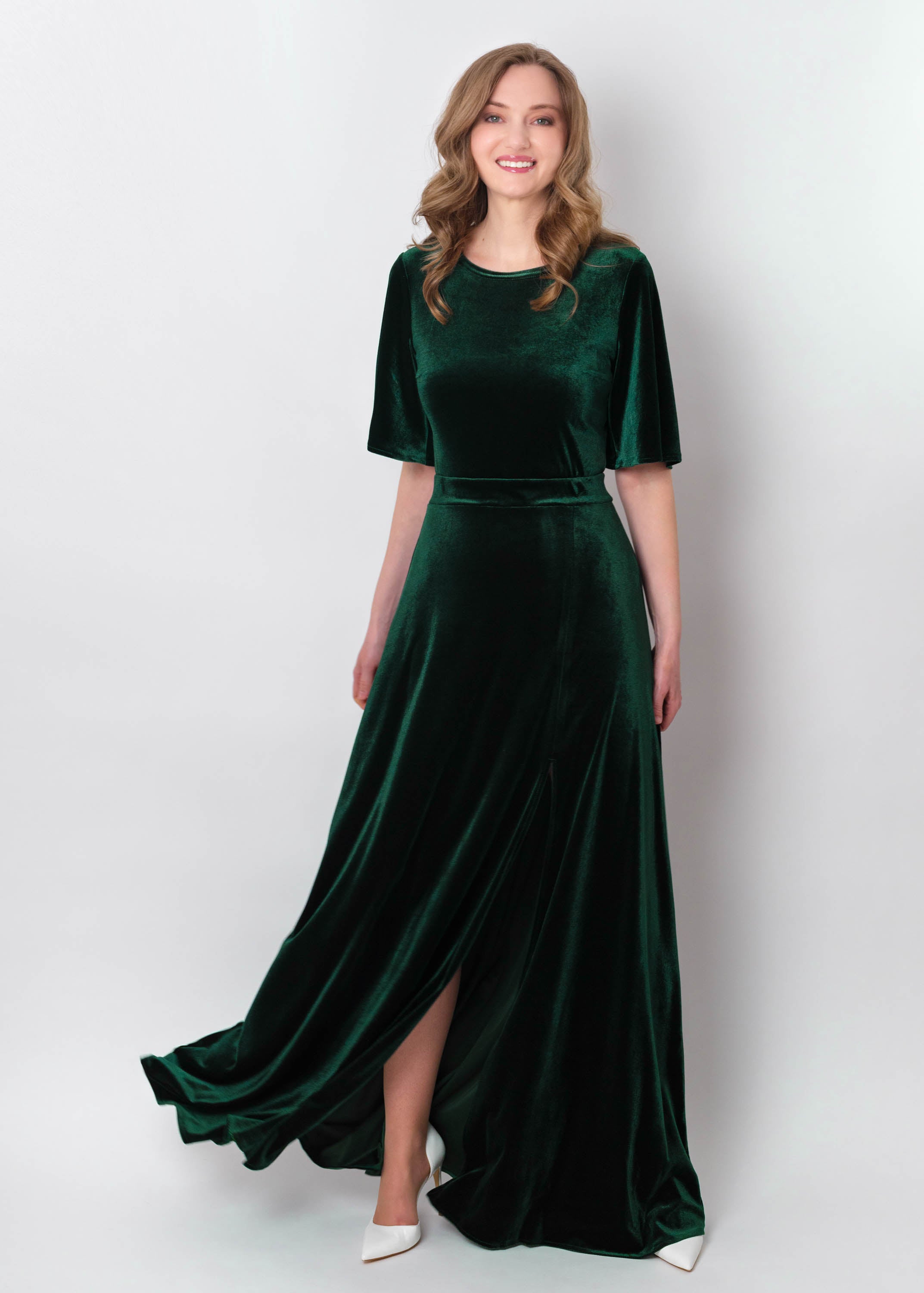 Emerald green velvet long slit dress