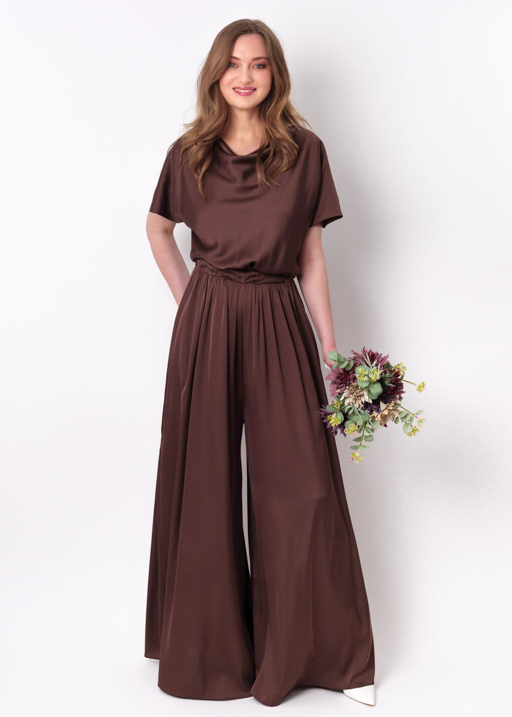Choсolate brown silk jumpsuit