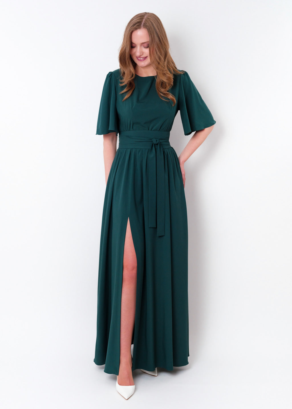 Dark Green long slit dress with belt