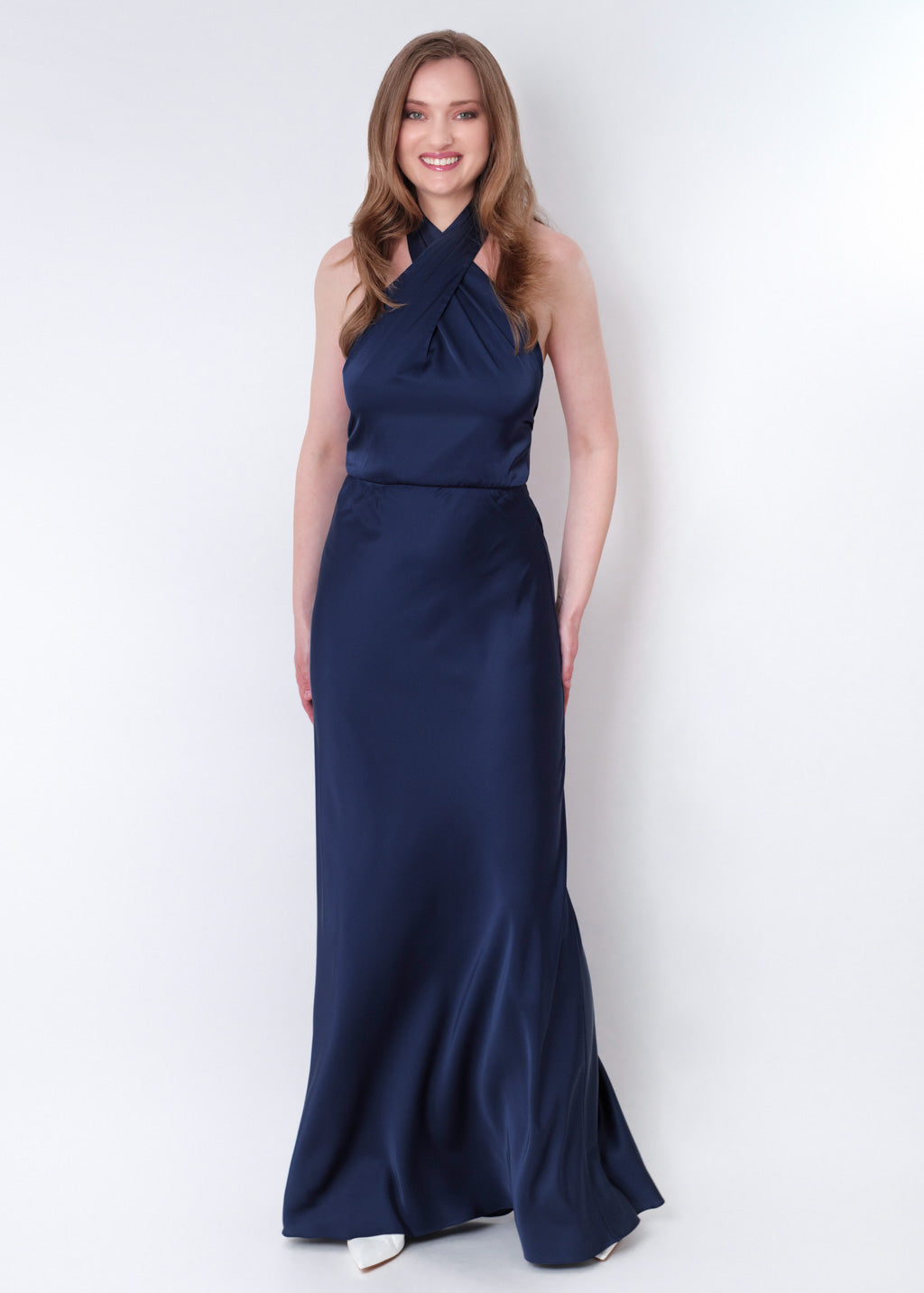 Navy blue silk long halter dress