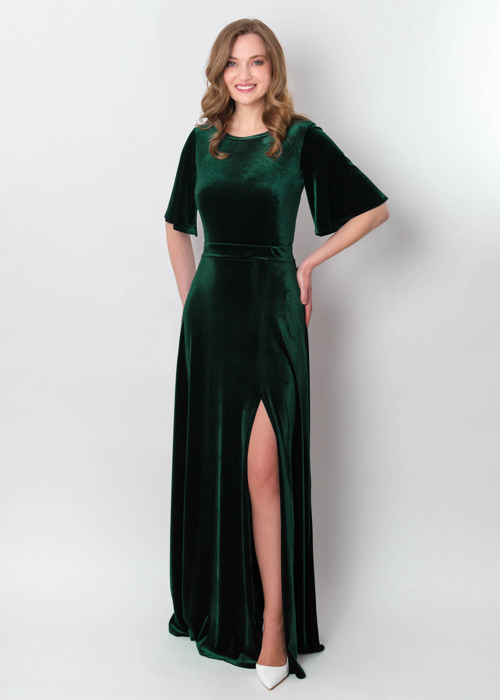 Emerald green velvet long slit dress