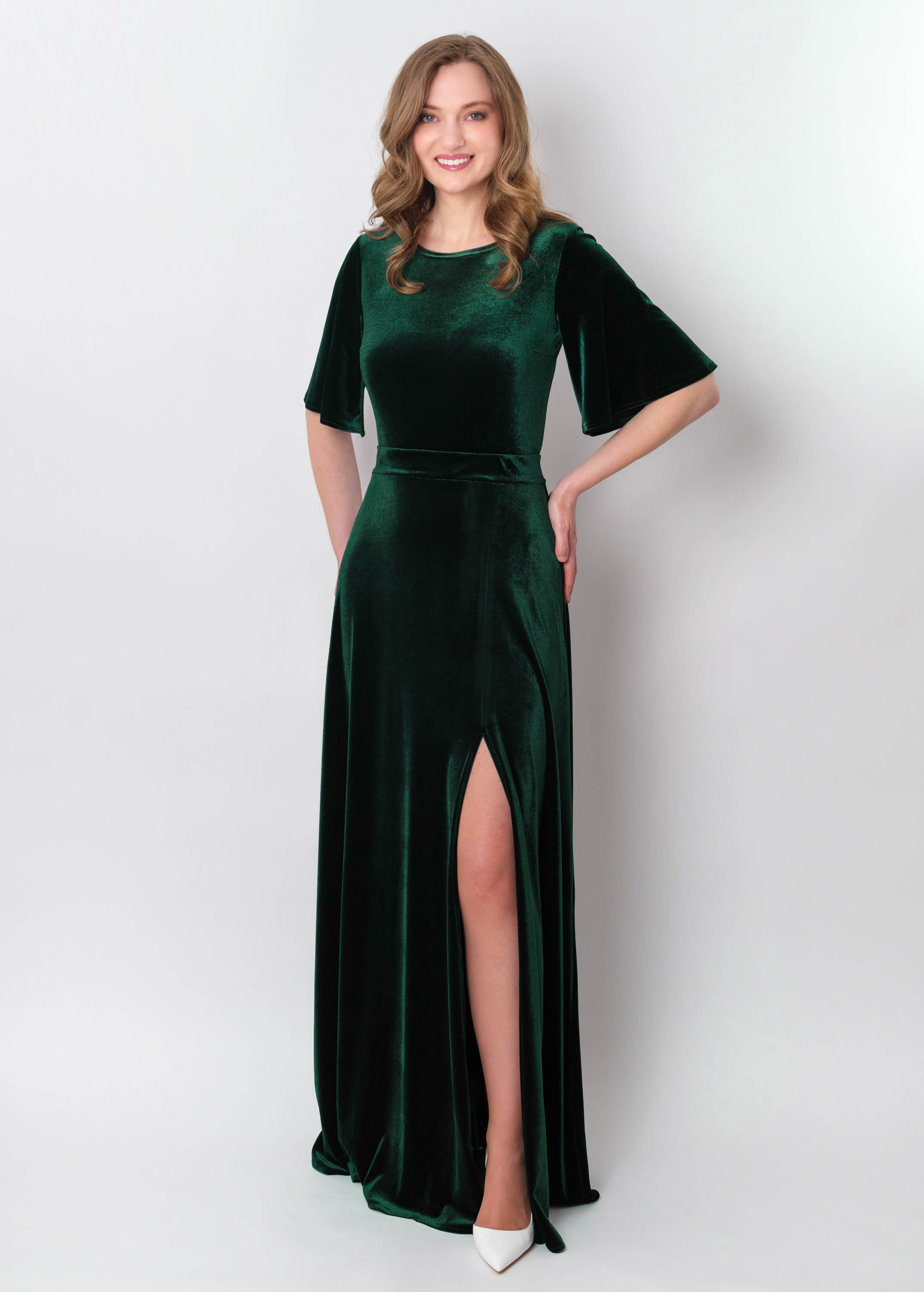 Emerald green velvet long slit dress