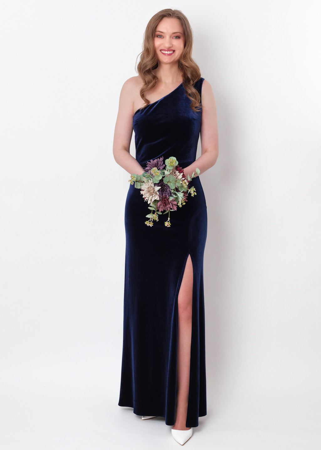 Navy blue velvet one shoulder slit dress
