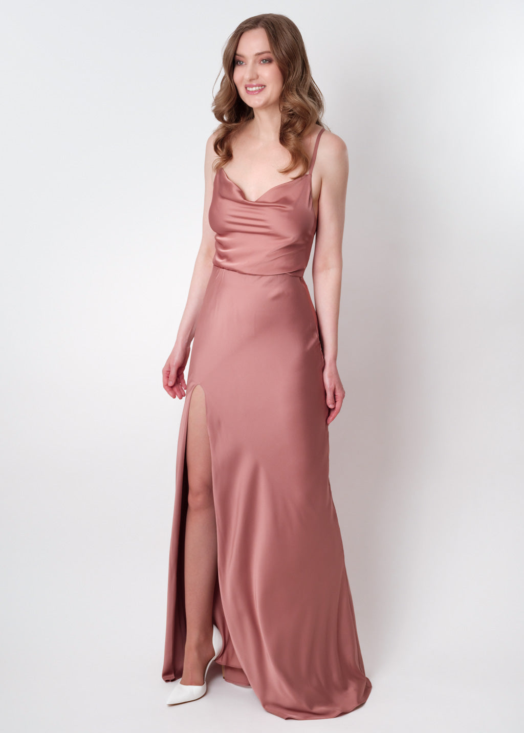 Champagne rose silk slip slit dress