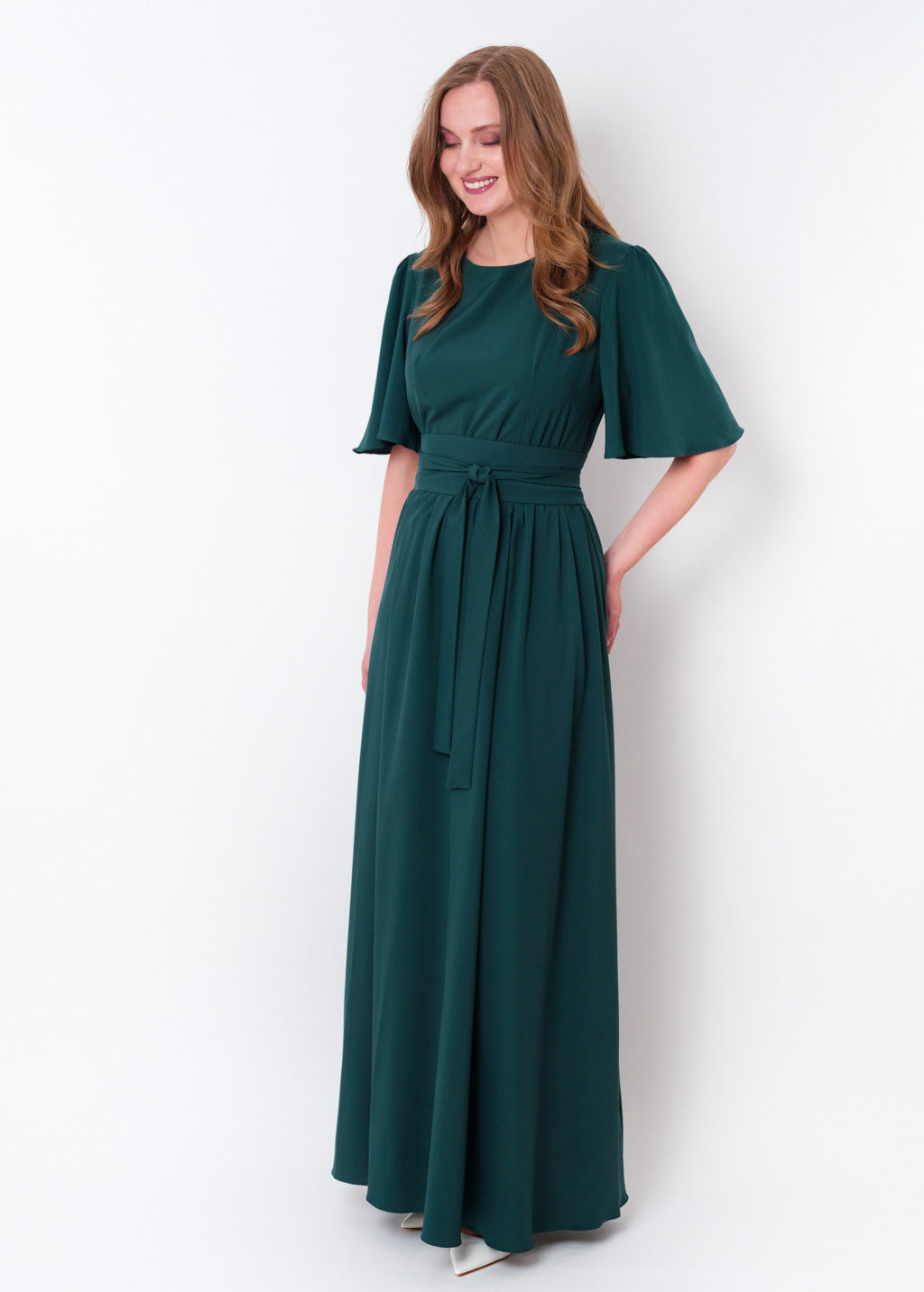 Dark Green long slit dress with belt
