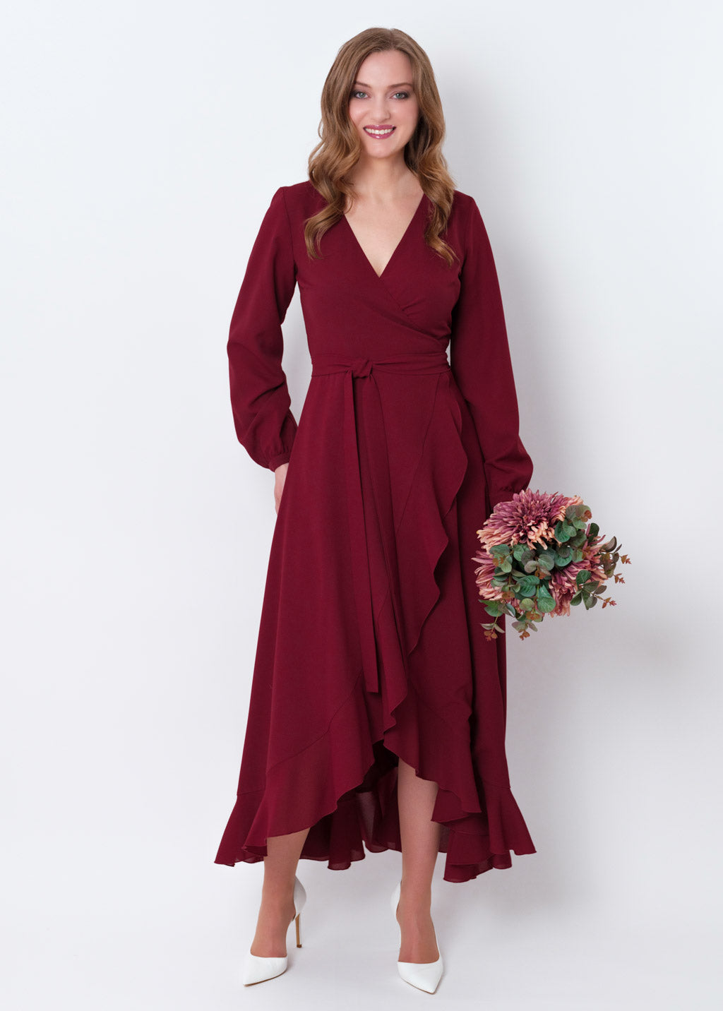 Burgundy chiffon wrap dress