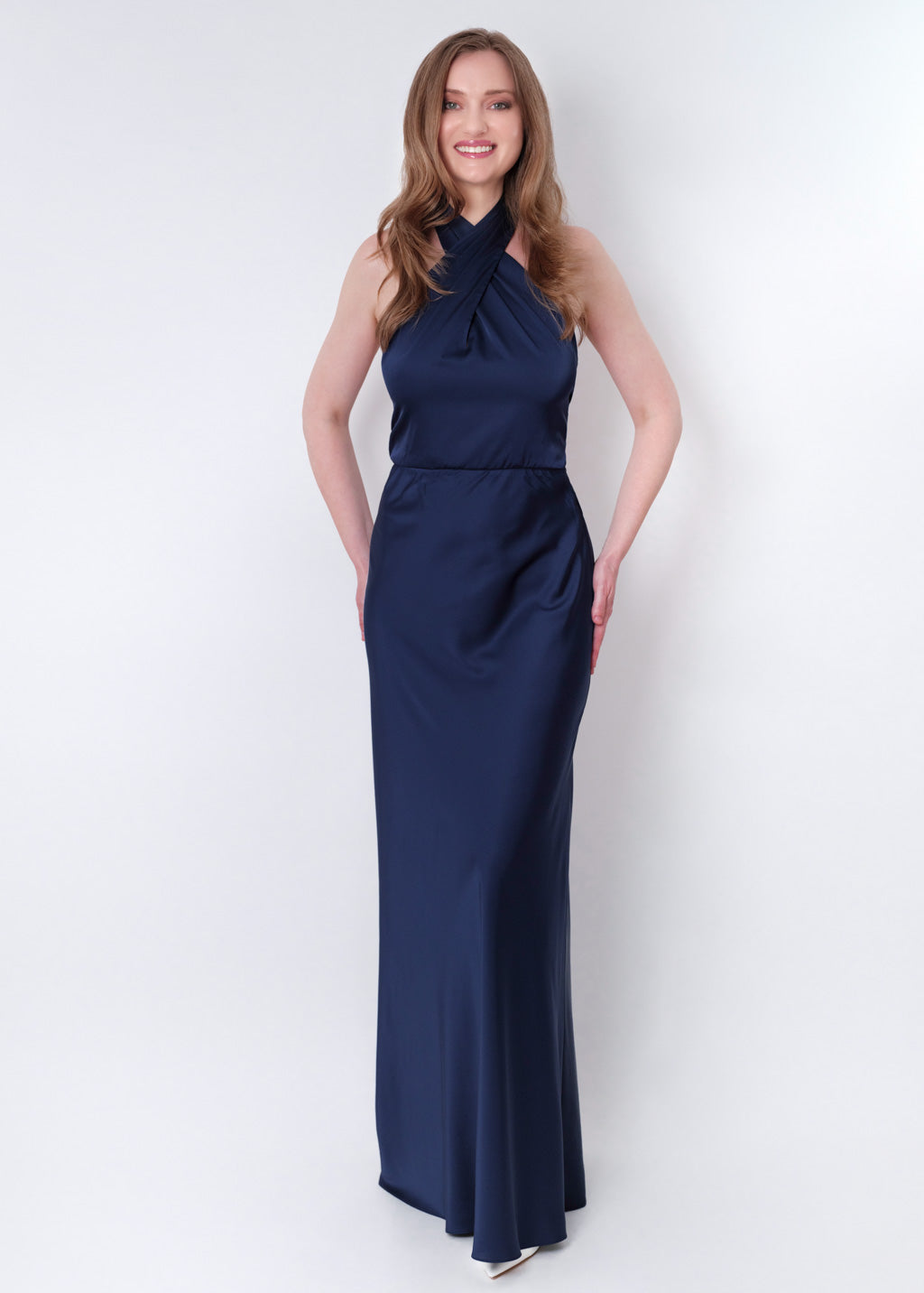 Navy blue silk long halter dress