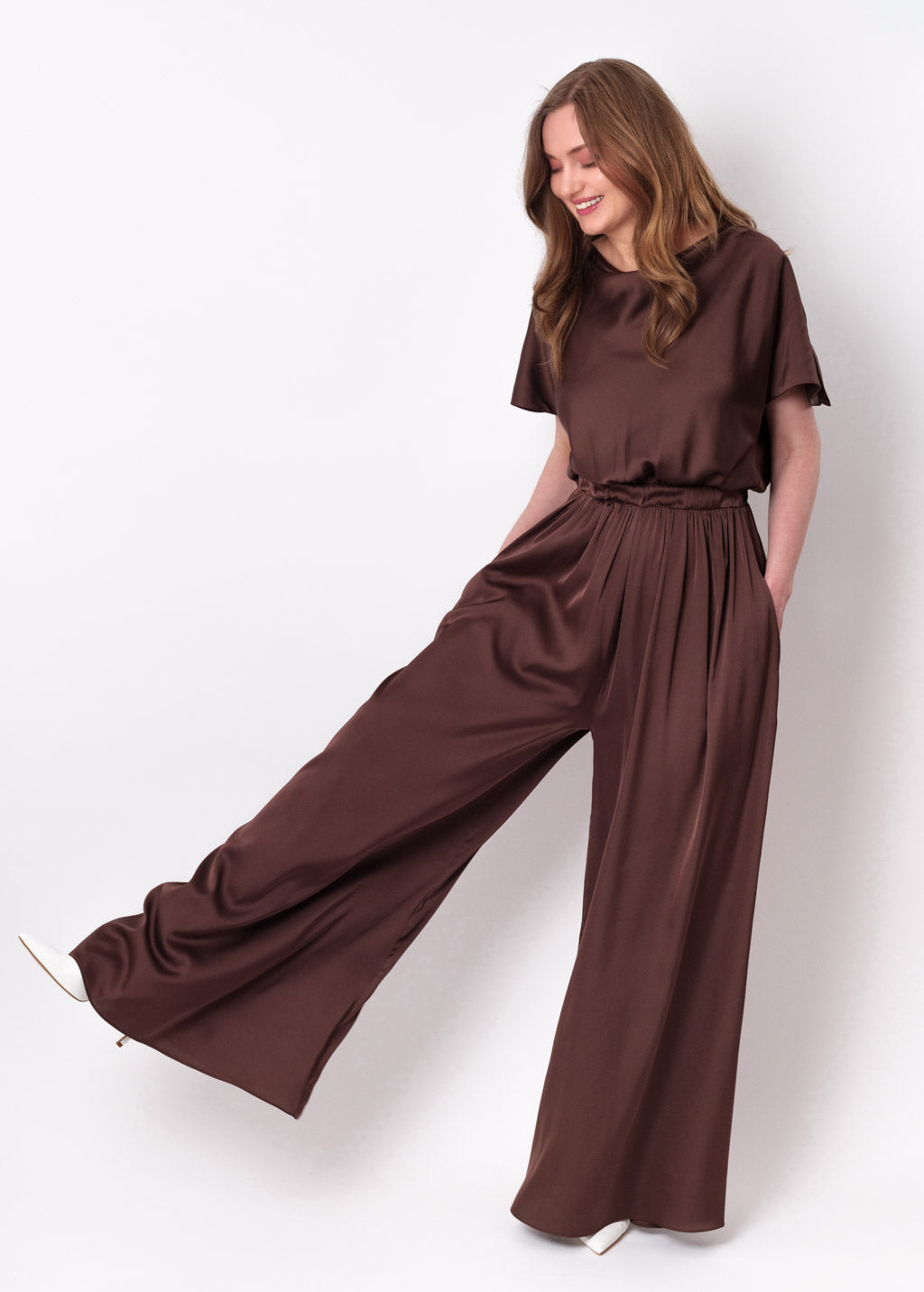 Choсolate brown silk jumpsuit