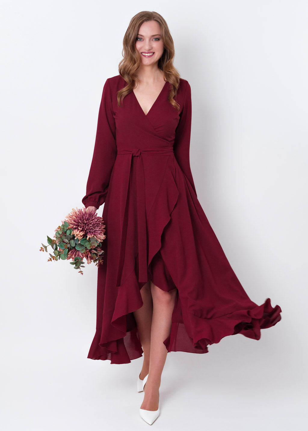 Burgundy chiffon wrap dress