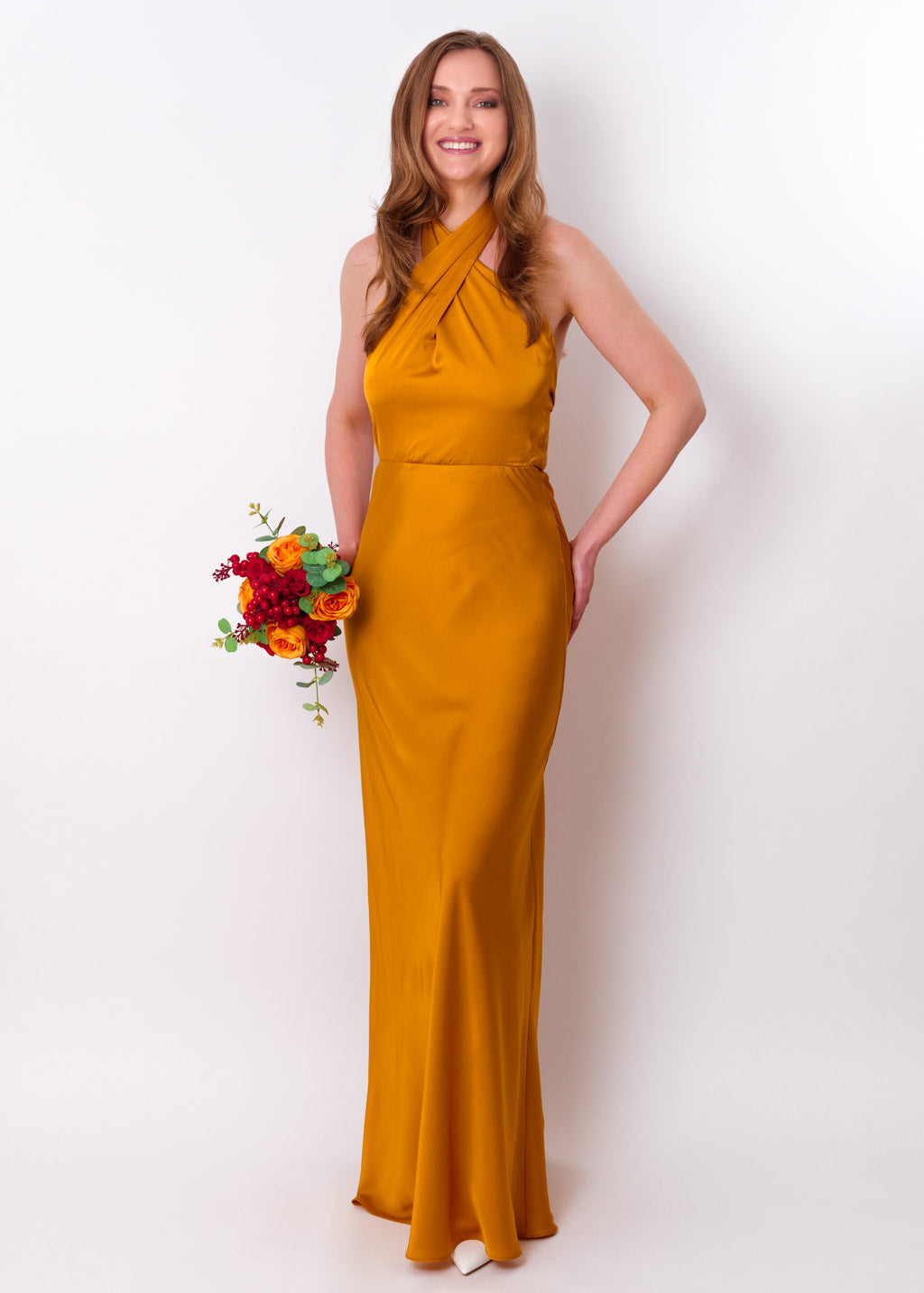 Gold silk long halter dress