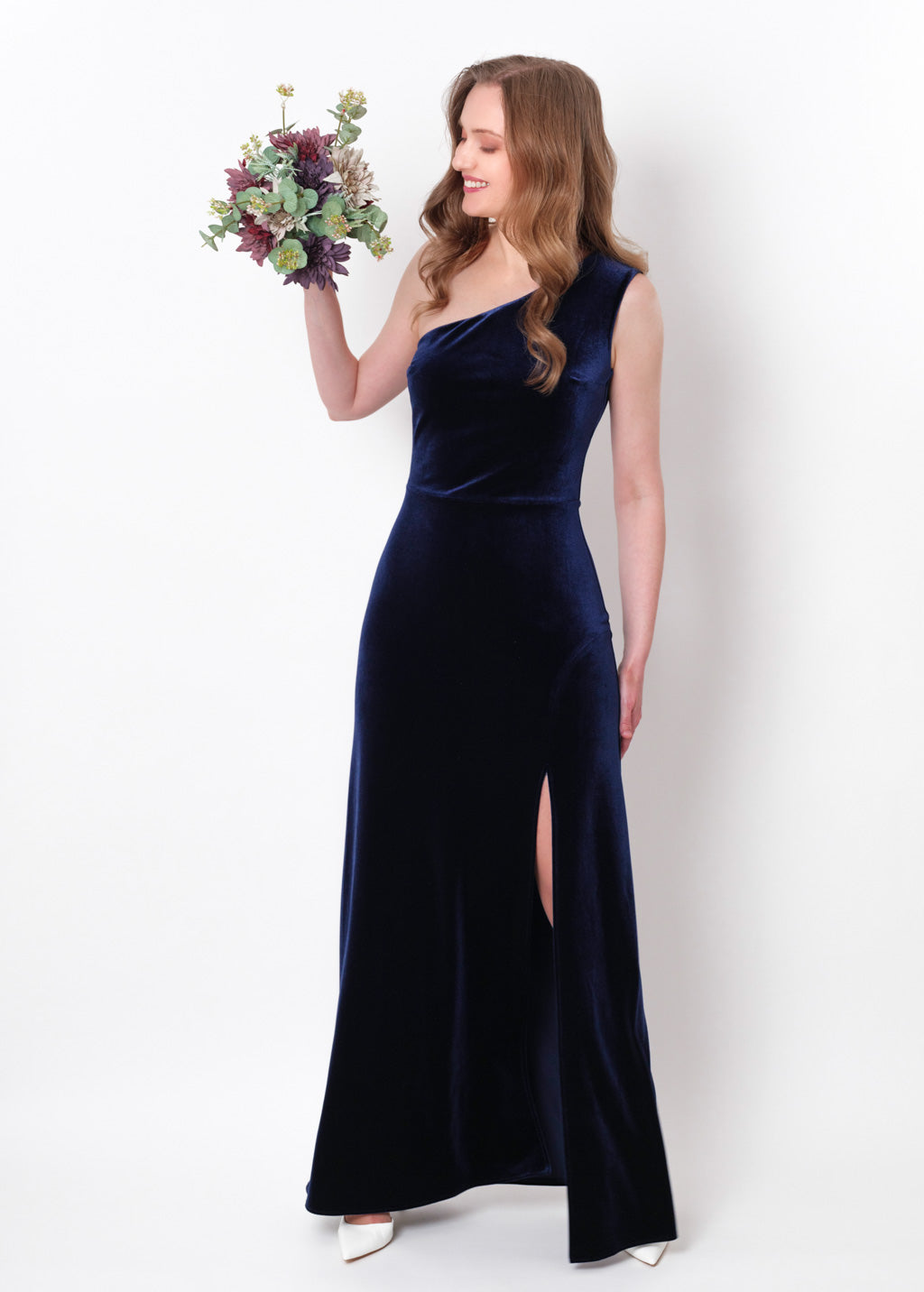 Navy blue velvet one shoulder slit dress