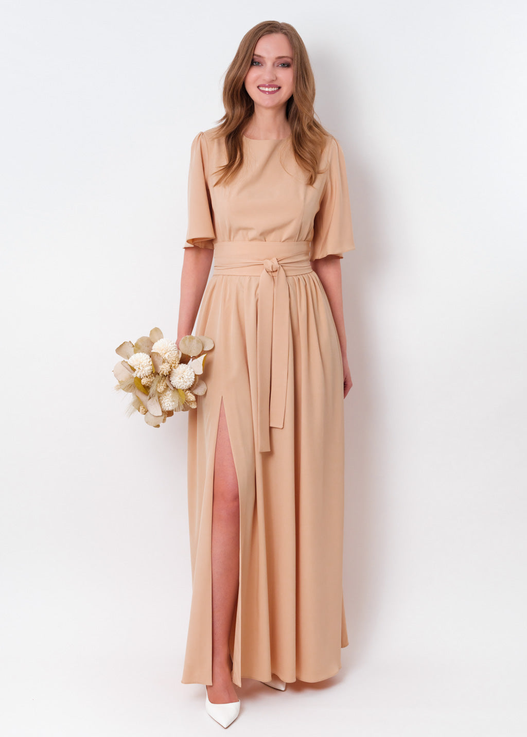 Champagne beige long slit dress with belt