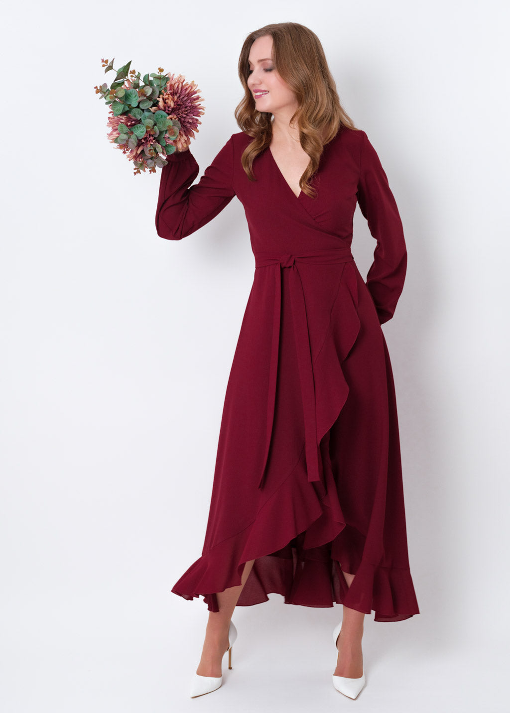 Burgundy chiffon wrap dress