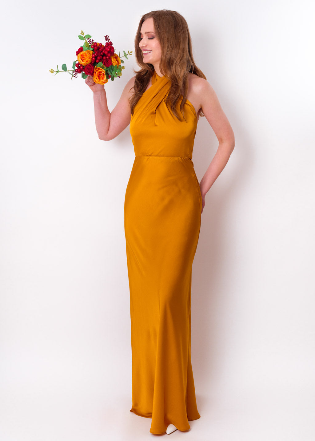 Gold silk long halter dress