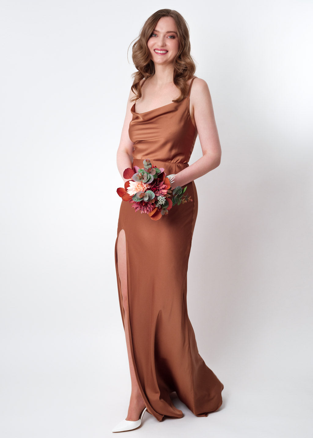 Copper gold silk slip slit dress
