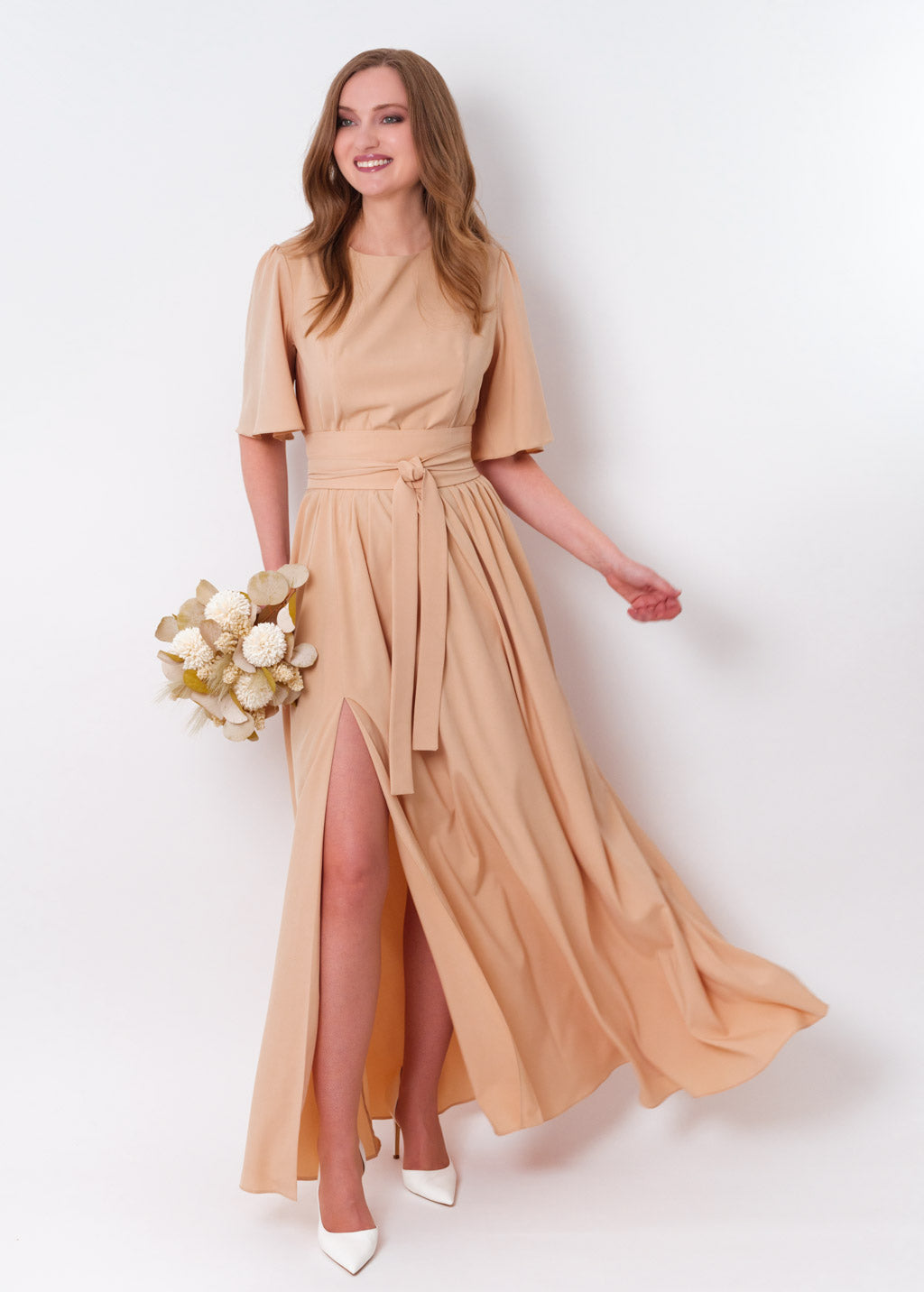 Champagne beige long dress with belt