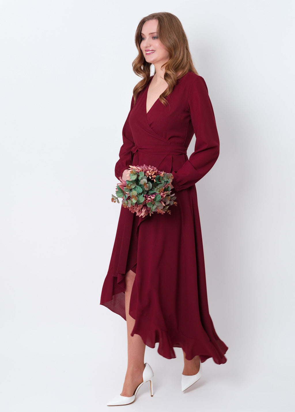 Burgundy chiffon wrap dress