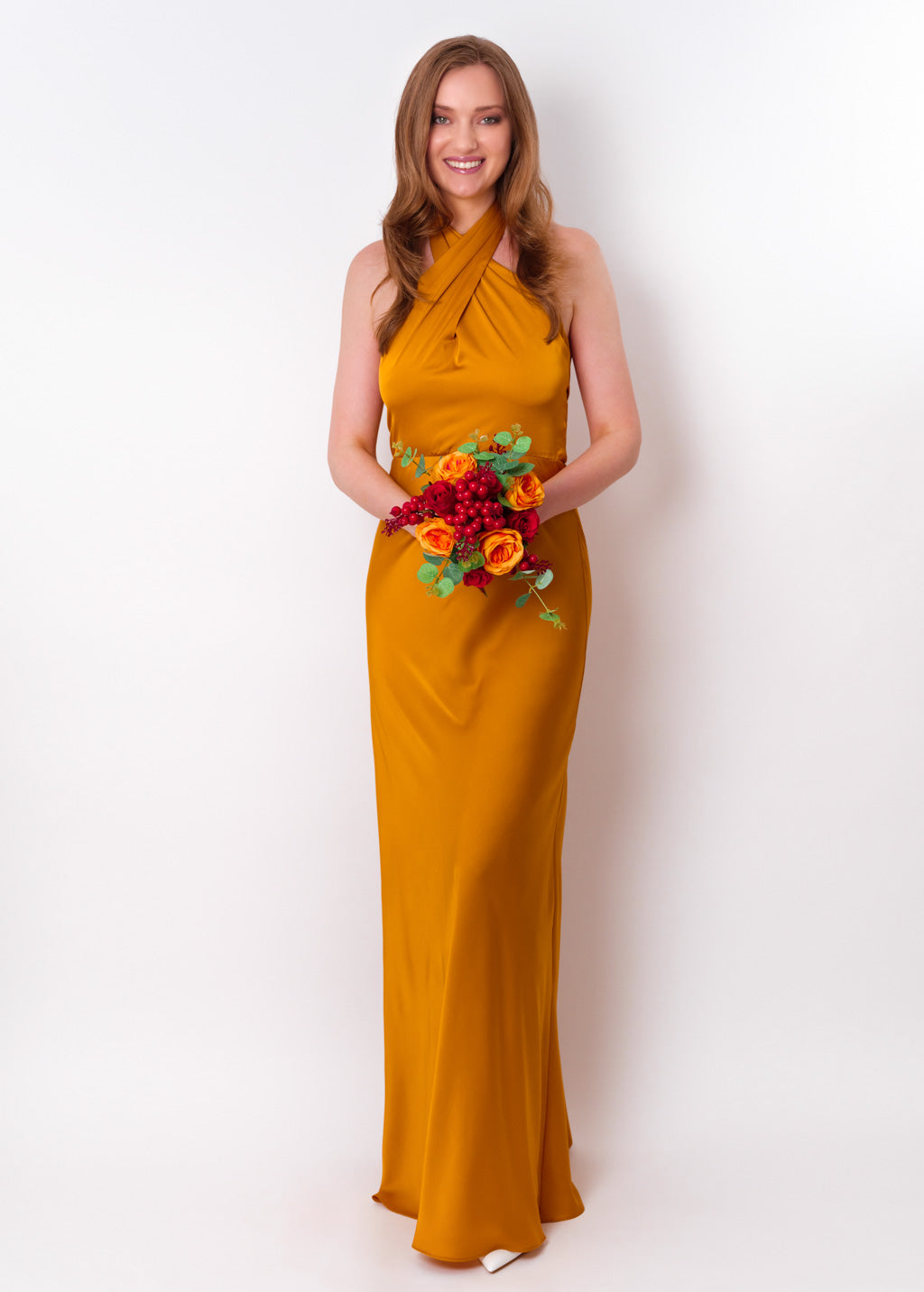 Gold silk long halter dress