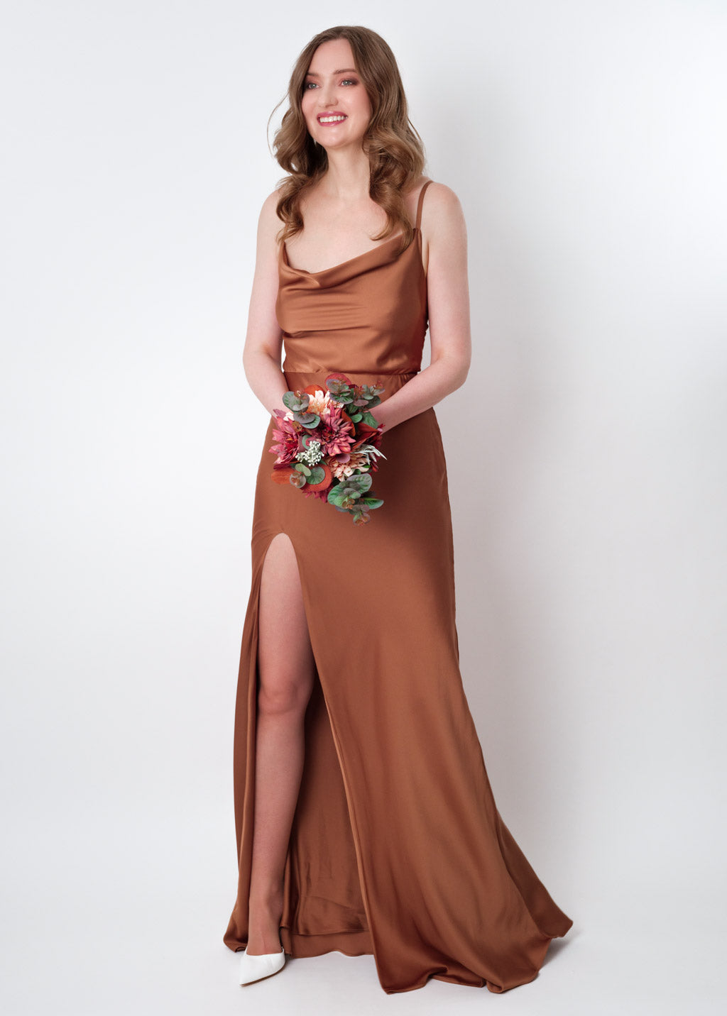 Copper gold silk slip slit dress