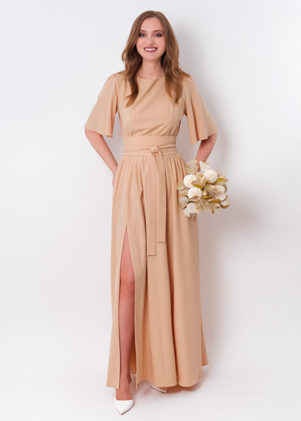 Champagne beige long slit dress with belt