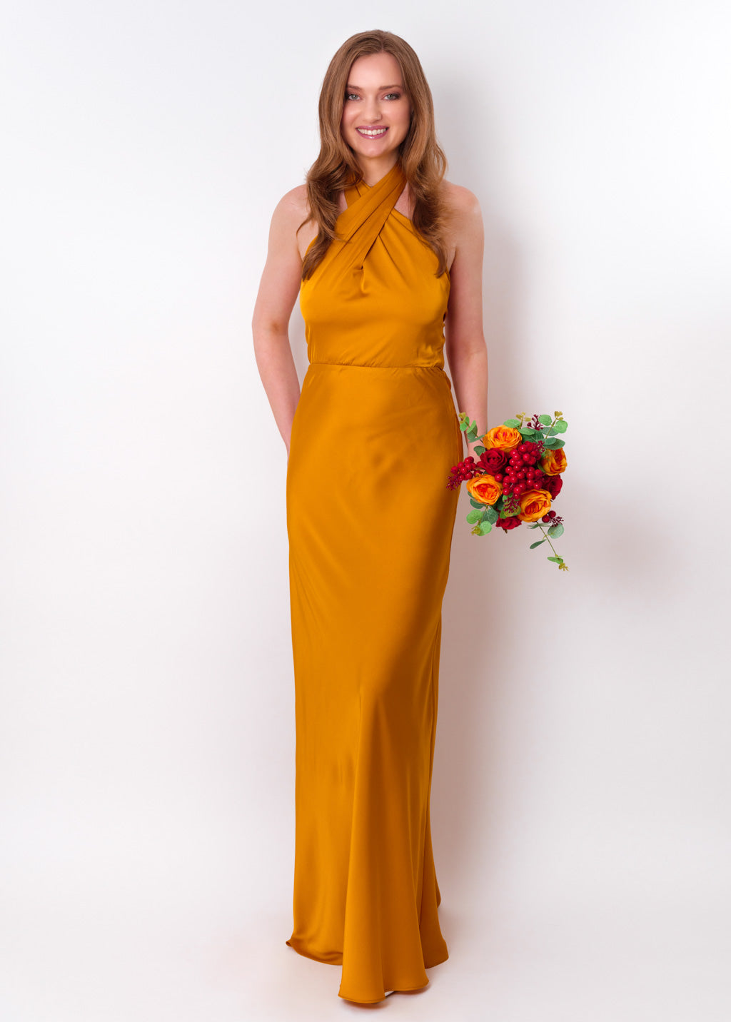 Gold silk long halter dress