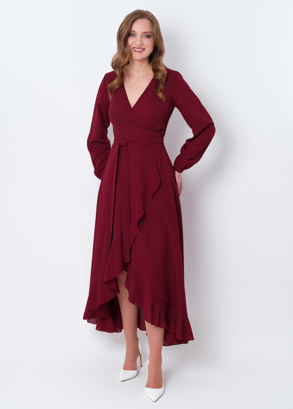 Burgundy chiffon wrap dress