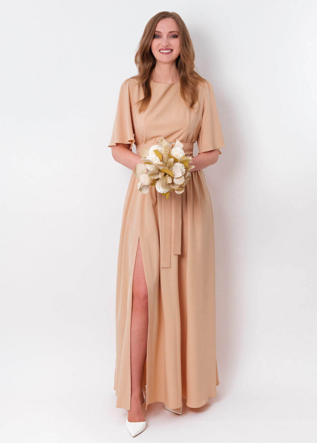 Champagne beige long dress with belt