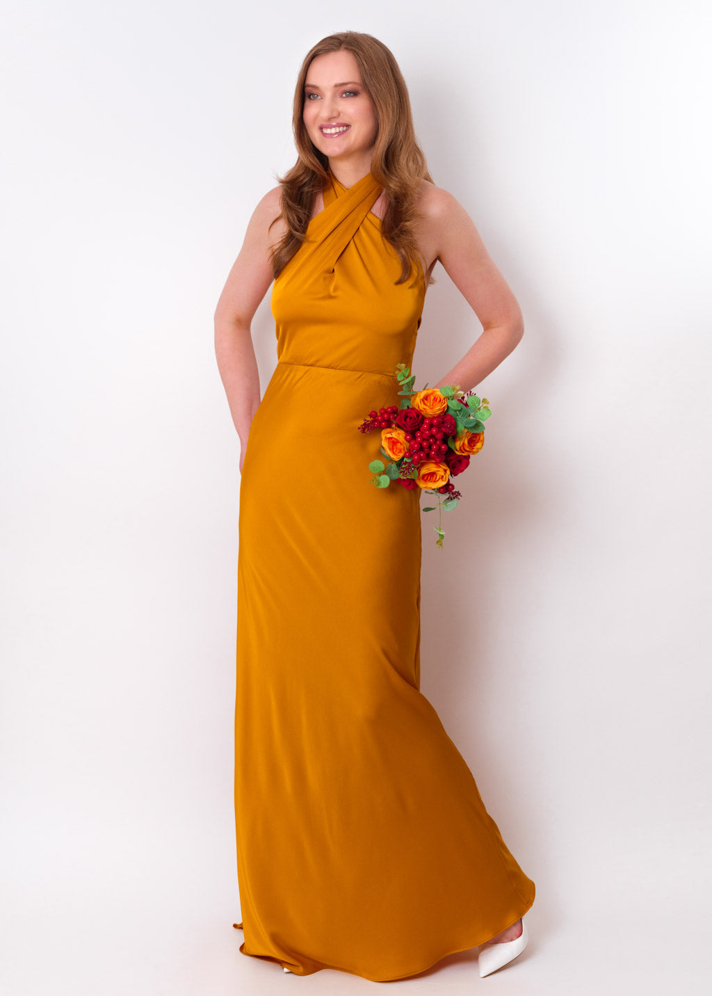 Gold silk long halter dress