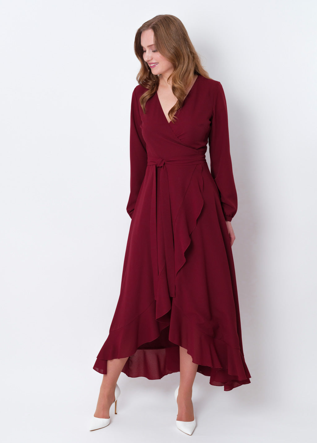 Burgundy chiffon wrap dress