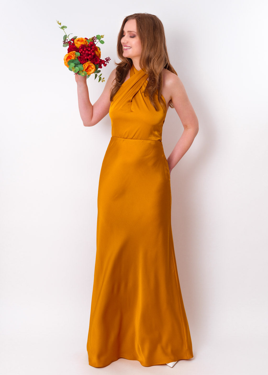 Gold silk long halter dress